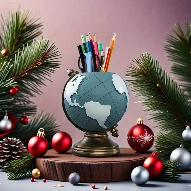 Kreativní držák na tužky ve tvaru glóbu Pryskyřičný stolní organizér pro kancelář a domácí dekoraci Jedinečný geografický úložný prostor na pera a tužky
