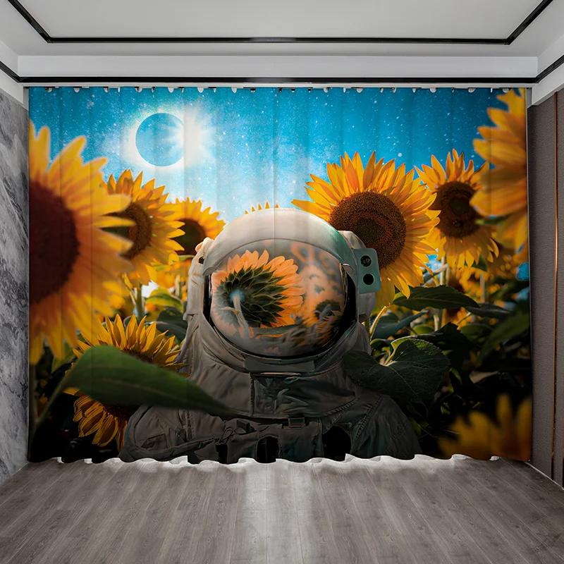 Personalized Creative Astronaut Pattern High Blackout Curtains Technology Sense Starry Sky Space Shading Drape Bedroom Curtain