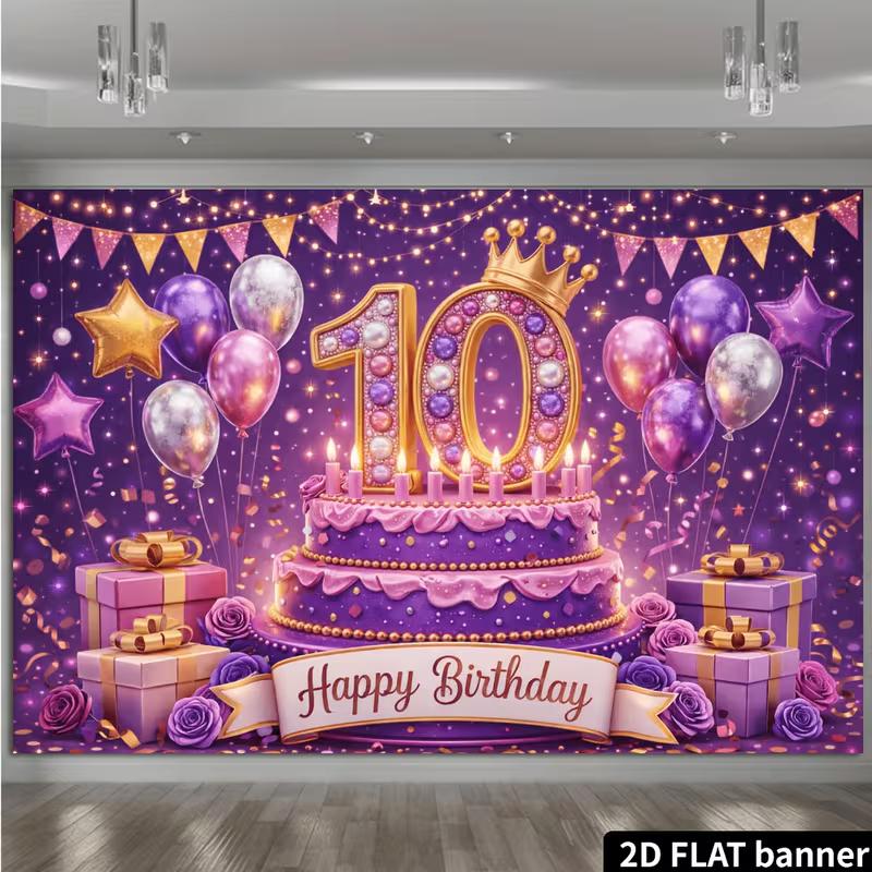 2D Purple and Gold Happy 10th Birthday Backdrop Photography Banner