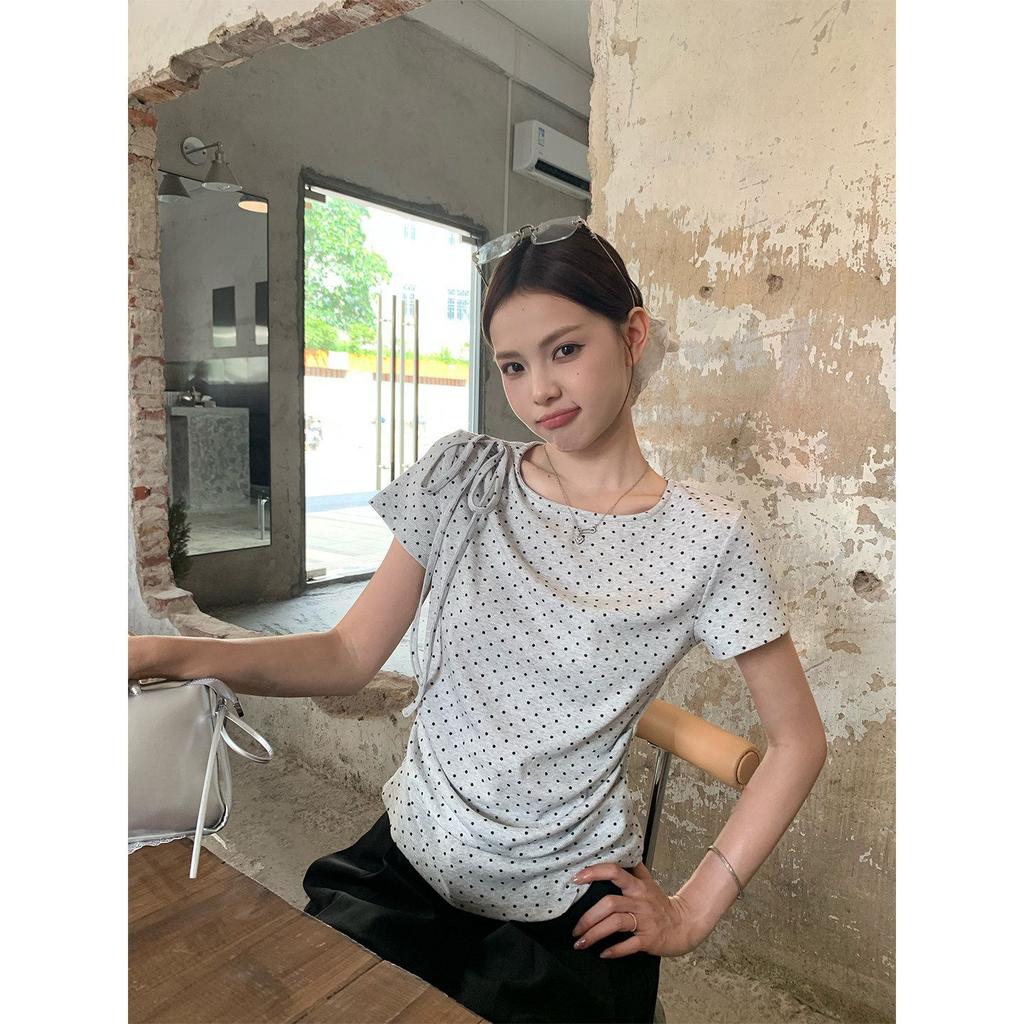 Korean flower gray polka dot lace-up crew neck short-sleeved t-shirt women's summer waist slim-fitting and thin casual top
