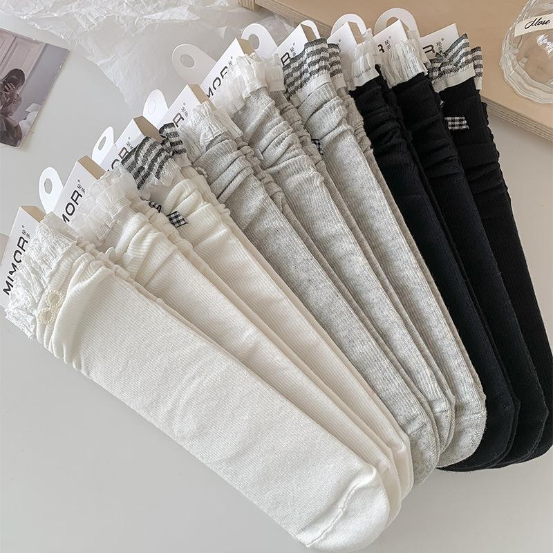 Ladies Summer Thin Bow Plingham Lace Ballet Breathable Boneless Mid Tube Pile Socks