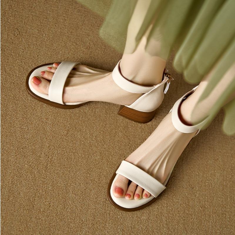 Sandals women's thick heel back zipper retro British style summer new one-word strap sandals middle heel stepping on shit Roman shoes