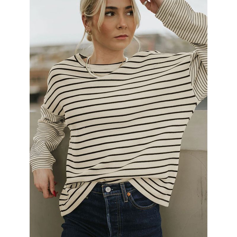 Fall New Simple and Versatile Stripes Long Sleeves T-shirt Female 2025 European and American Leisure Loose Shoulder Round Neck Sweatshirt Female