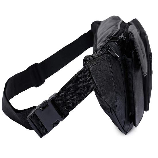 Noora Stylish Black Leather Waist Travel Pouch Passport Holder Bag for Men & Women