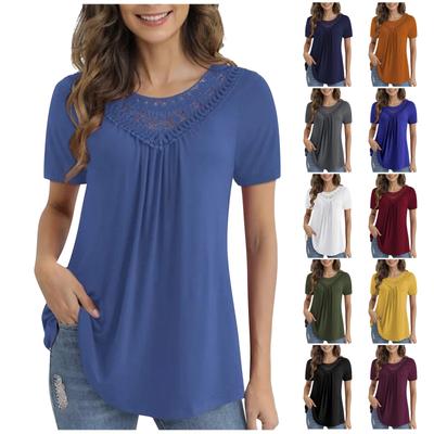 Ladies Plus Size Top Solid Color Lace Stitching Round Neck Short Sleeves