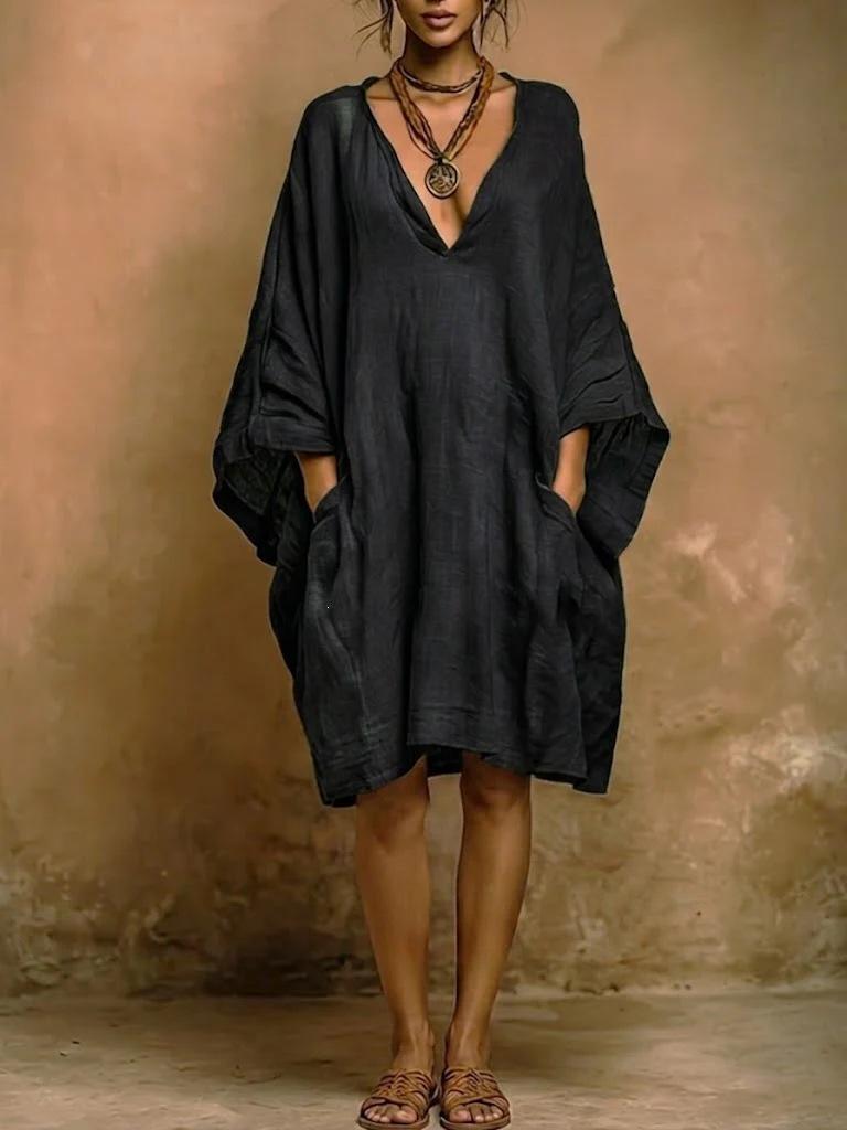 Spring and Summer Casual Fashion Imitation Cotton and Linen Batman Loose Women's Dress