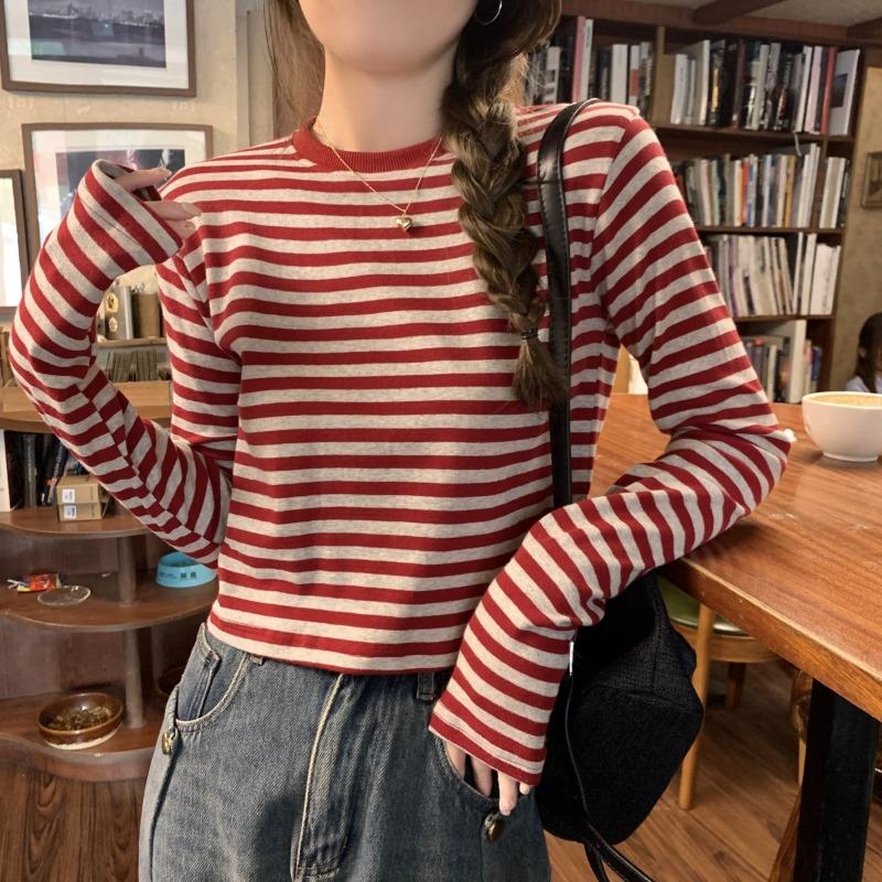 Contrasting Striped Long Sleeve Shirt Women's Autumn New Casual Skinny Inner Bottom Shirt Short Student Top