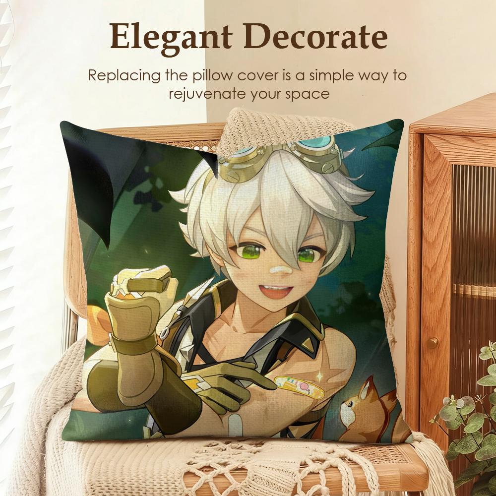 Bennett Genshin Impact Cute Cushion Cover Natural Linen Organic Fabric Double-Sided Printing Sofa Home Decor Gift Pillow Case