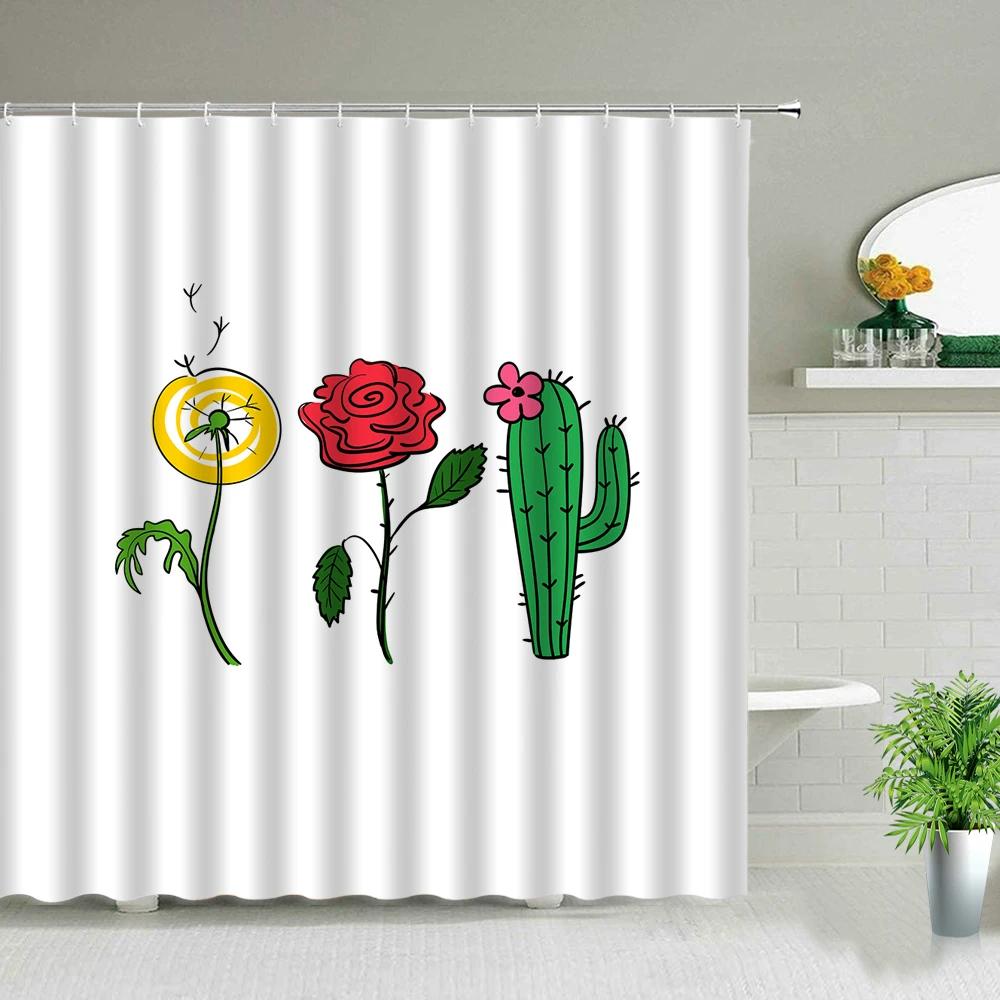Hower Curtains of Textile Water Color Cactus Flower Tropical Plants Colorful Succulents Pattern Bathroom Shower Curtain Set