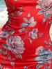 Romantic Watercolor Floral Print On Red Sleeveless Bodycon Mini Dress, Round Neck Form-Fitting Summer Vacation Dress