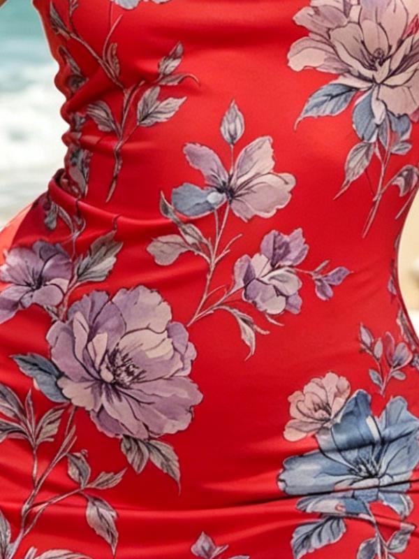 Romantic Watercolor Floral Print On Red Sleeveless Bodycon Mini Dress, Round Neck Form-Fitting Summer Vacation Dress