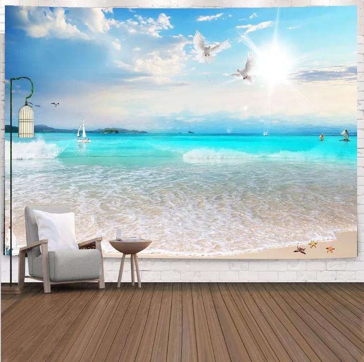 VIKAMA Tropical Beach Landscape Tapestry Summer Coconut Grove Waves Fresh Vacation Style Living Room Room Decoration