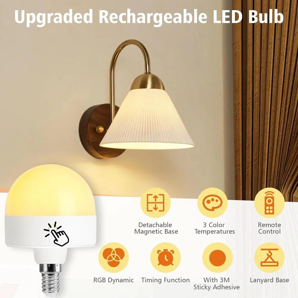 Rechargeable Light Bulb with Timer and Remote, Dimmable Battery Light Bulbs with Magnetic Base, E14 Detachable Charging LED Bulb
