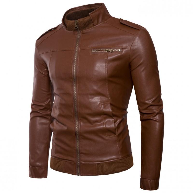 Mens PU Leather Biker Jacket 2019 Slim Fit Stand Collar Casual Outerwear Young Adults