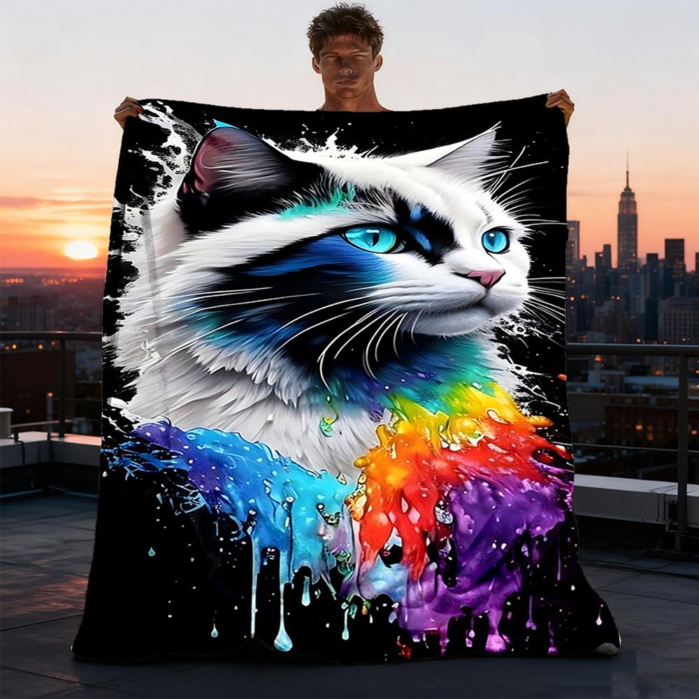 1pc Colorful Cat Outdoor Blanket - Soft Flannel Cozy for Travel & Camping - All-Season Warm Bed Cover, Machine Washable yy251229082