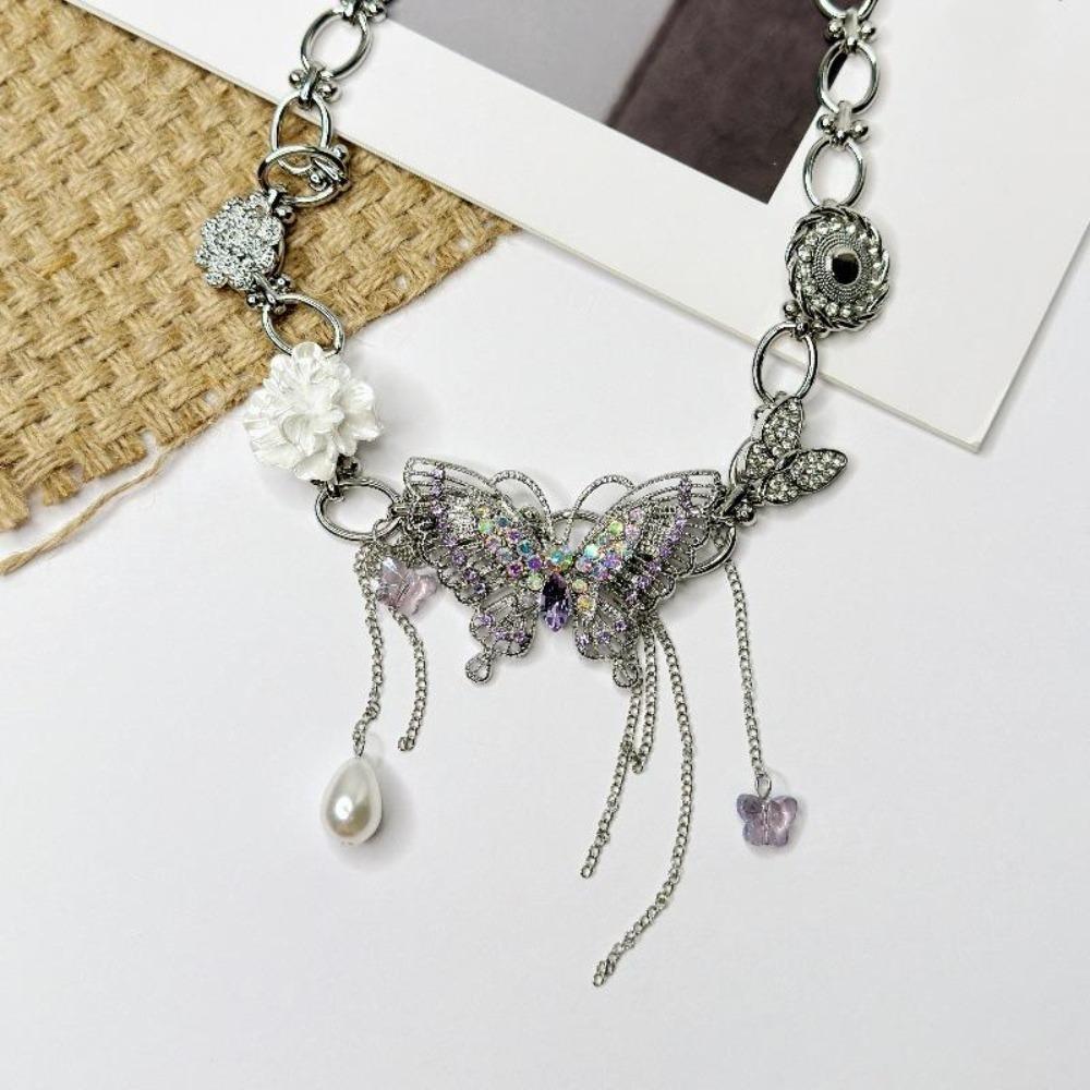 Rhinestone Butterfly Flower Necklace Tassel Women's Choker Fashion Vintage Metal Necklace  Gifts