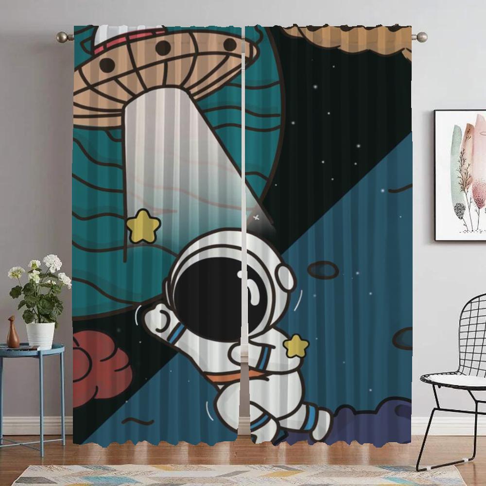 Kitchen Curtains 2 Pieces Astronaut Printing Living Room Curtain Curtains for Bedroom Partition Halloween Decoration Blackout