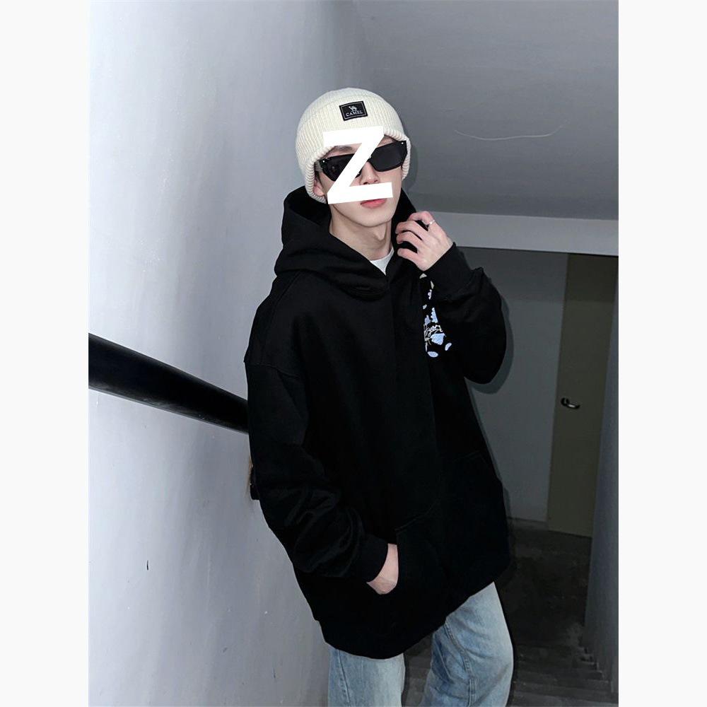 Men's White Light Luxury Hooded Sweatshirt - Autumn/Winter Style, Velvet Thickened, Loose Streetwear with Embroidery.