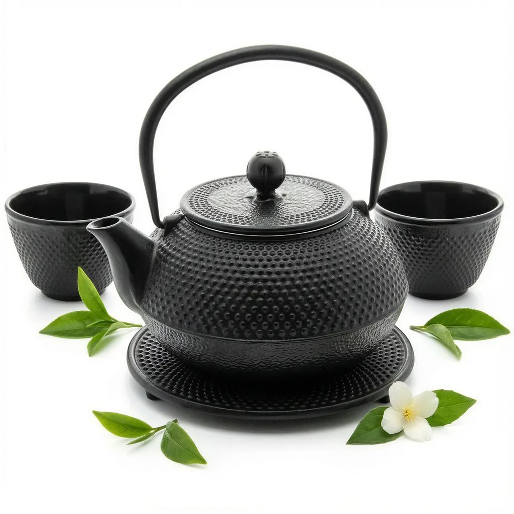 CAST IRON KETTLE 0.8L TEAPOT SET 2x CUPS STAND BLACK