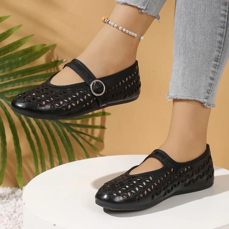 Fashion 2025 Ladies Shoes Buckle Strap Women's Flats Fashion Shallow Casual Plus Size New Hollow Out Light Best Seller Flat Low Heels