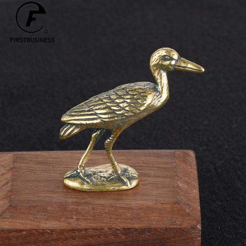 Retro Brass Crane Figurines Miniatures Tea Pet Small Animal Statue Crafts Collection Office Desk Ornament Lucky Home Decorations