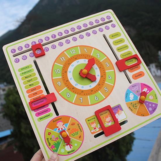 Kids Wooden Clock Toy Time Date Month Weather Season Preschool Learning Multi-function Portable Toddlers Early Educational Clock Toy