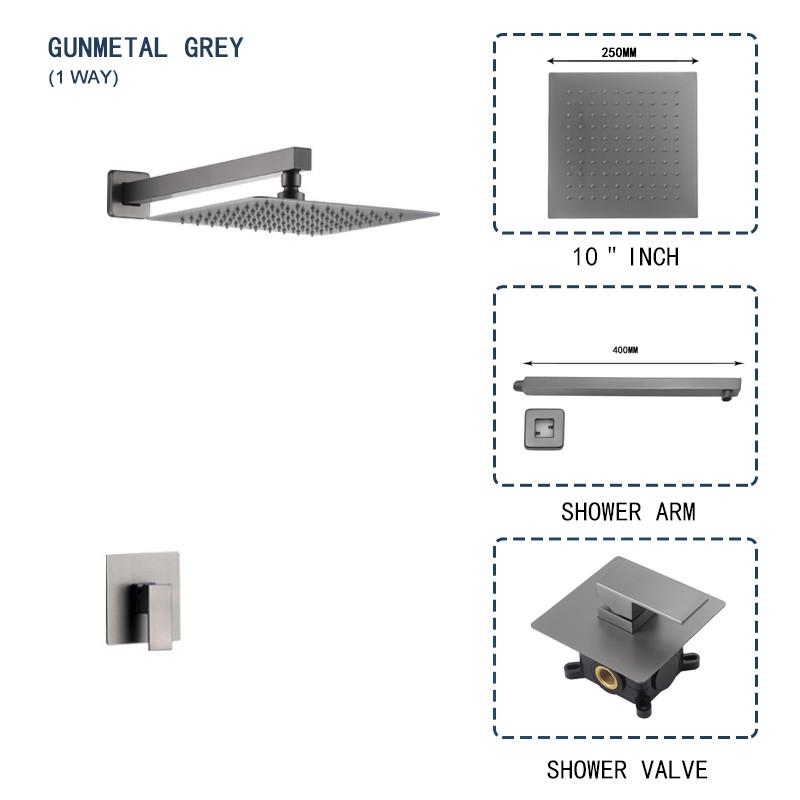 Brass Wall Embed Mount Grey Color 1/2/3 Function Concealed Shower System 10 Inch Top Rain Spray Hand Shower Head Bathroom Faucet