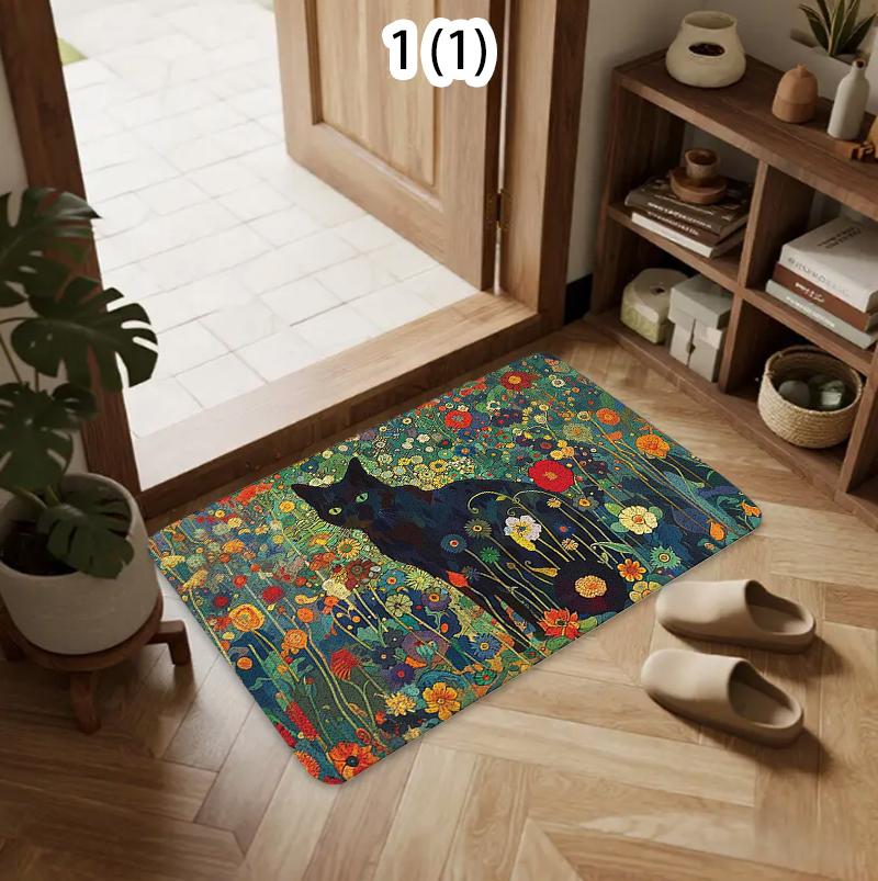 Retro Cute Floral Black Cat Welcome Mat Non-Slip Machine Washable Door Mat, Floor Rug for Living Room, Home Decor Kitchen Carpet
