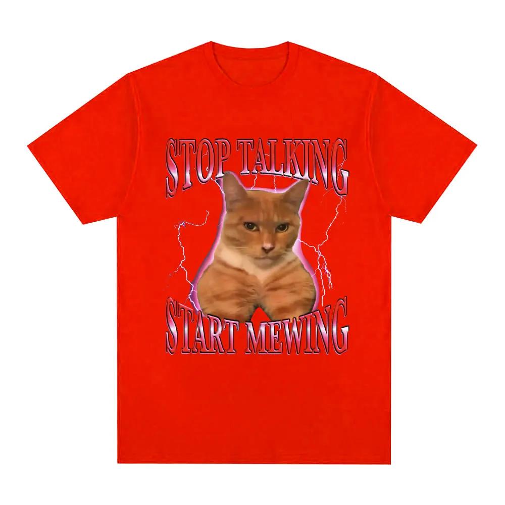 Stop Talking Start Mewing T-Shirt Funny Cute Cat Meme Graphic Short Sleeve T Shirts 100% Cotton Comfort Loose T-shirts Oversized