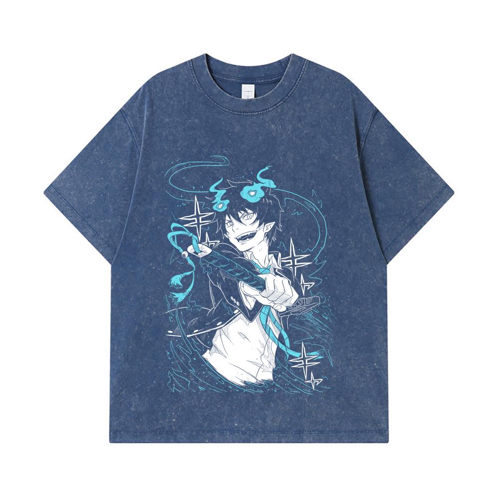 

275 GSM Washed T-shirts 100% Cotton Blue Exorcist V1 Rin Print Unisex Heavy Cotton T Shirt 2XL