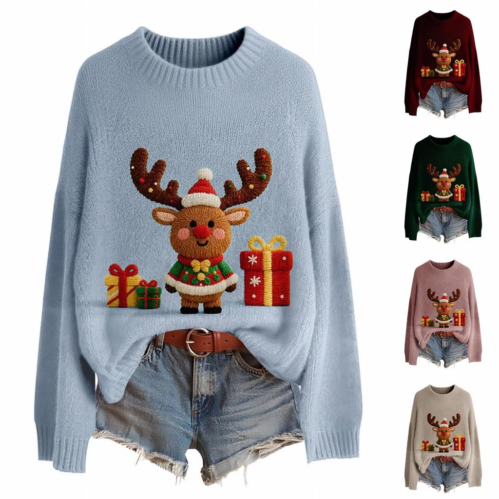 Women's Fashion Christmas Print Pullover Long-Sleeve  Neck Knit Sweater Top