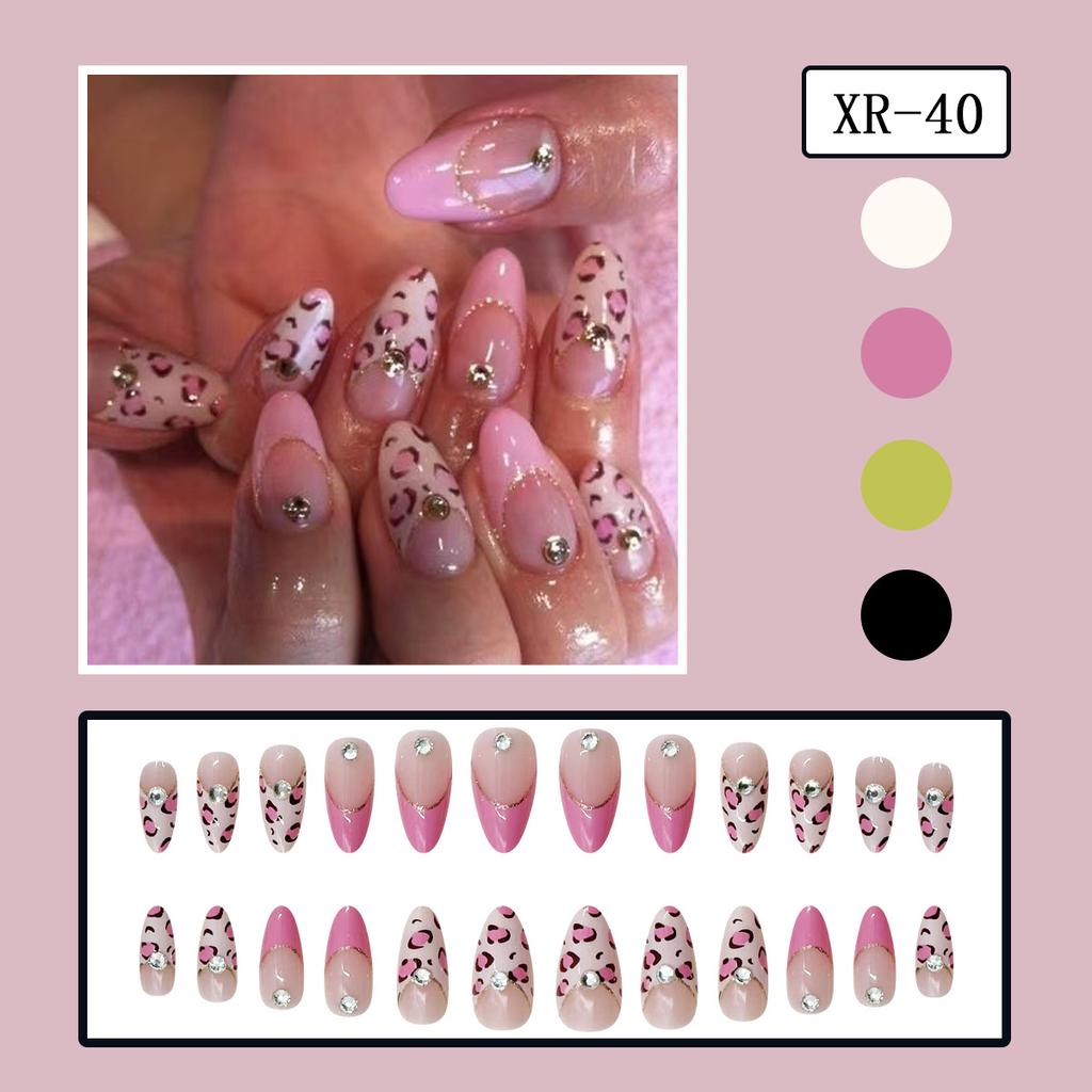 24pcs Pink Leopard Print Fake Nail Tips y2k Spicy Girls French Almond Press on Nail Wearable Detachable Sweet Korean False Nails