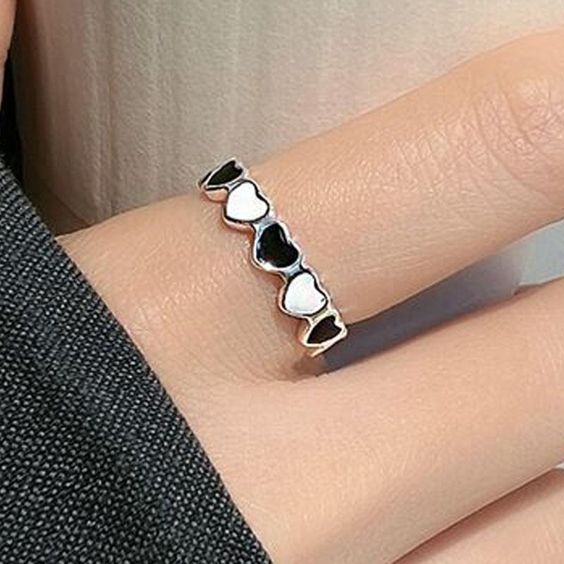 925 Sterling Silver Black And White Heart Connected Adjustable Rings For Women Engagement Wedding Vintage Jewellery Argent 925