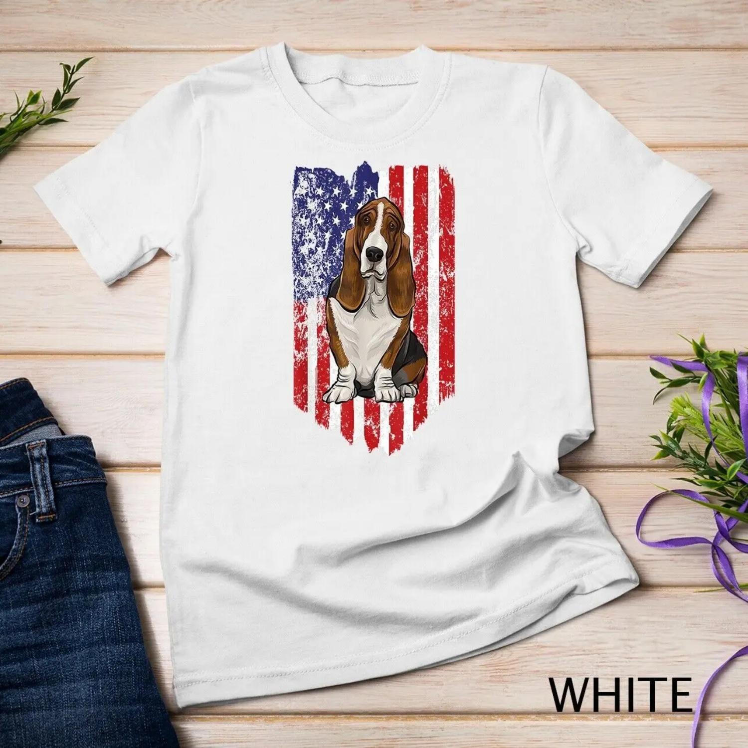 American Flag Basset Hound 4th Of July USA T shirt S