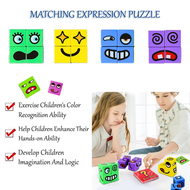 Kids Magic Face Changing Cube Toy Montessori Expressions Building Blocks Matching Puzzles Interactive Board Game Education Toys