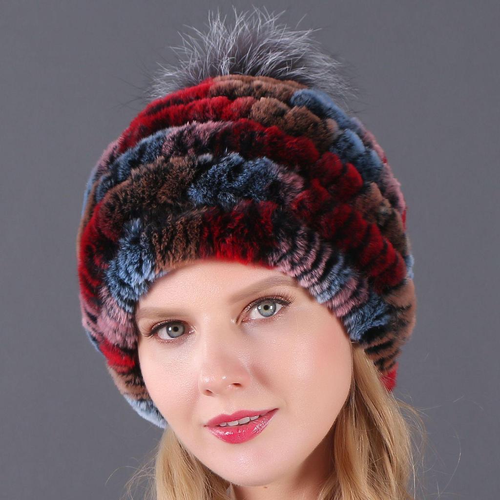 Women's Fur Hat with Rex Rabbit and Fox Fur Pompon for Autumn and Winter