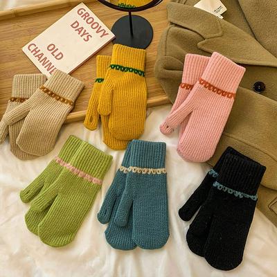 Warm Gloves Women's Wind Bag Finger Cute Solid Color Knitted Wool Cycling Cold Leak Finger Collision Color Korea