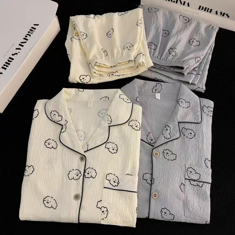 Korean Cloud Cotton Cartoon Couple Pajamas Set - Short Sleeve Cardigan & Shorts