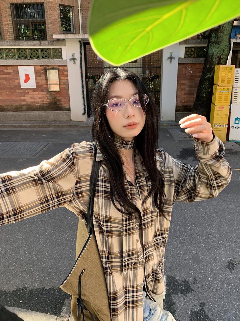 Stylish Spring 2026 Korean Plaid Scarf Shirt - Women's Loose Long Sleeve Top