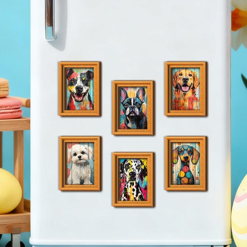 Artistic Dog Themed Refrigerator Magnets Natural Wood Frame Fridge Magnets for Kitchen Decoration