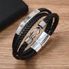 Retro Curved Tube Stainless Steel Layered Punk Knotted Men's Leather Bracelet