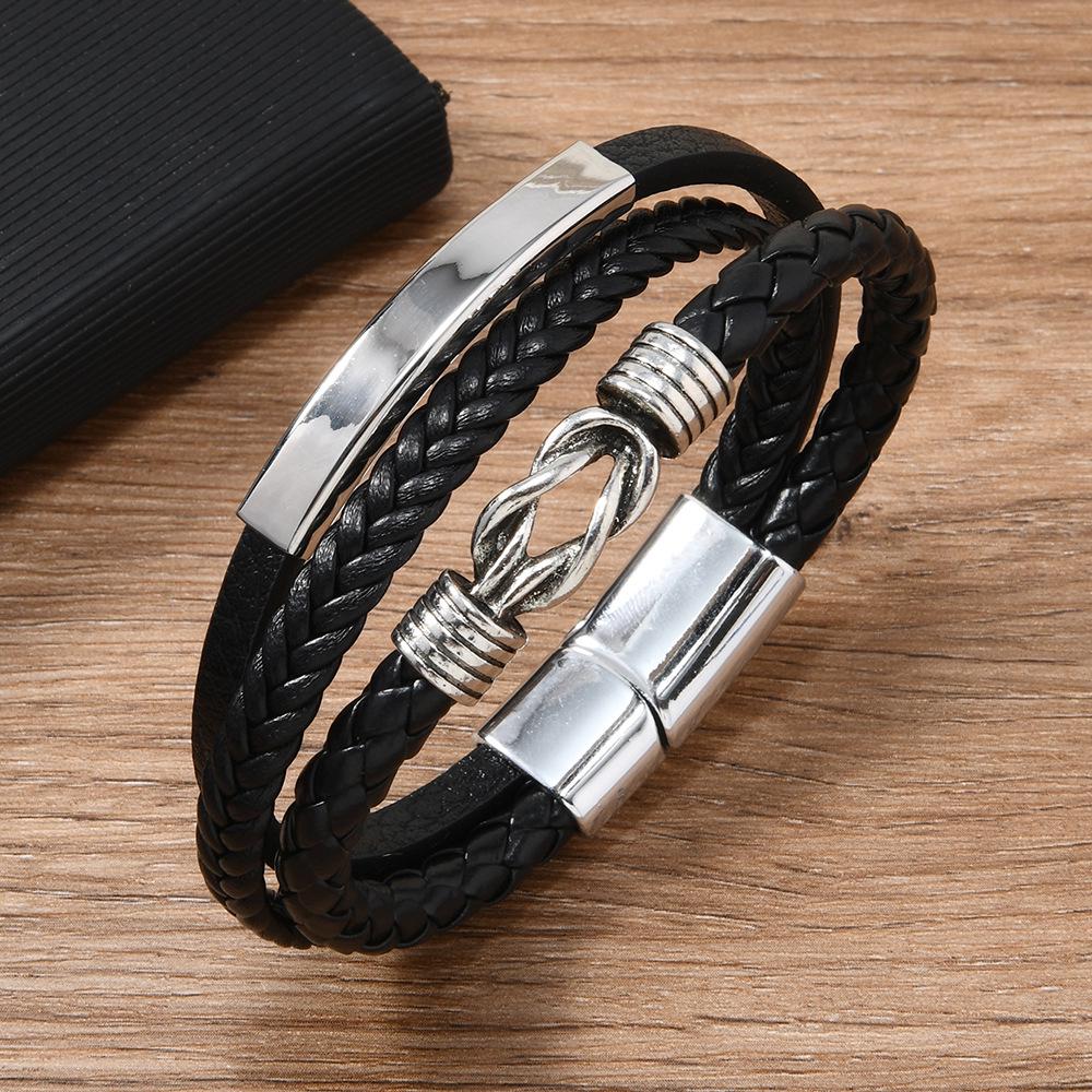 Retro Curved Tube Stainless Steel Layered Punk Knotted Men's Leather Bracelet