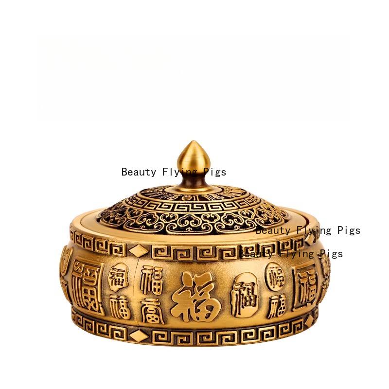 1pc Metal Ashtray Flat Bottomed Ashtray with Lid Desktop Ornament Buddhist Temple Utensils Incense Burner Home Decoration