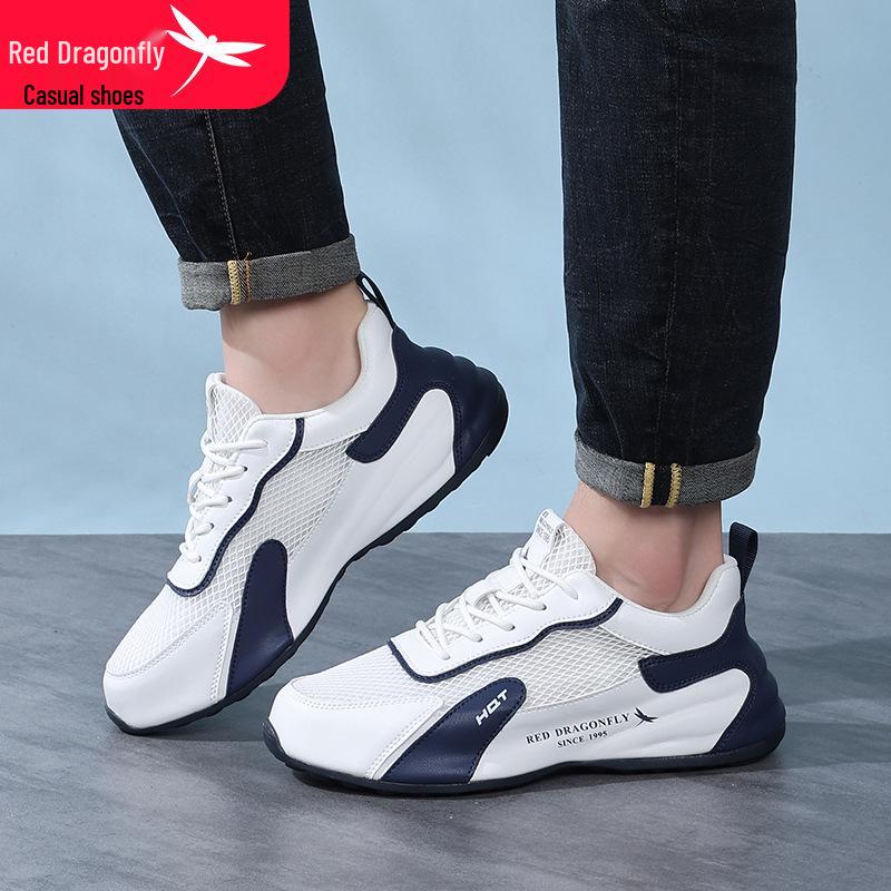 Red Dragonfly Men's Waterproof Leather Sneakers with Mesh Upper, Thick Rubber Sole, and Height Boost for Spring/Autumn Travel