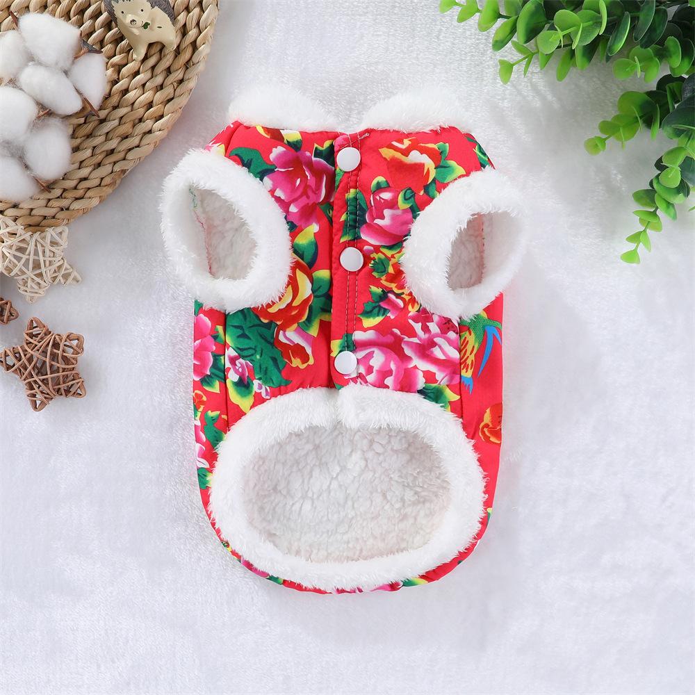Dog Clothes Thickened In Autumn and Winter Go Out Pet Cat Festive New Year's Clothing Northeast Large Flower Jacket Small Medium and Large Dog