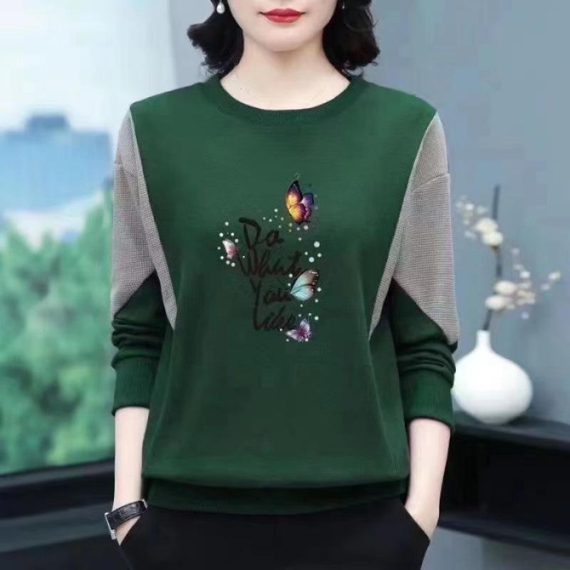 Autumn Winter Women's Cotton Patchwork Round Neck Plus Size Long Sleeve Printed Sweatshirt for Middle-Aged Moms