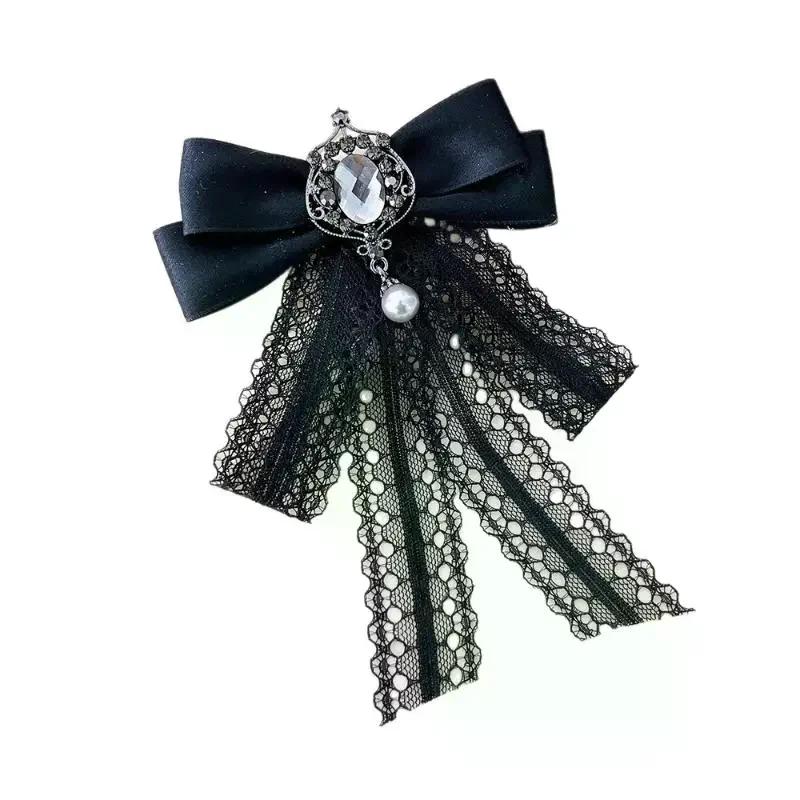 Vintage Edwardian Style Lace Bow Tie Brooch Ribbon Bowknot Suit Collar Corsage Pin Mourning Jewelry Accessory