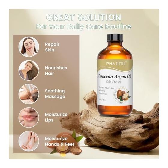 PHATOIL Argan Oil 118ml 100% Natural Cold Pressure Massage Oil for Hair, Face and Body Moisturizing Body Oil Carrier Oil Unscented