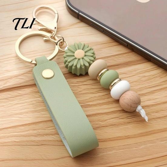 Anti Oxidation Metal Keychain Silicone Flower with Faux Leather Wristlet, Car Key Holder Ring Pendant, Handbag Backpack Charm Wood Beads Aesthetic