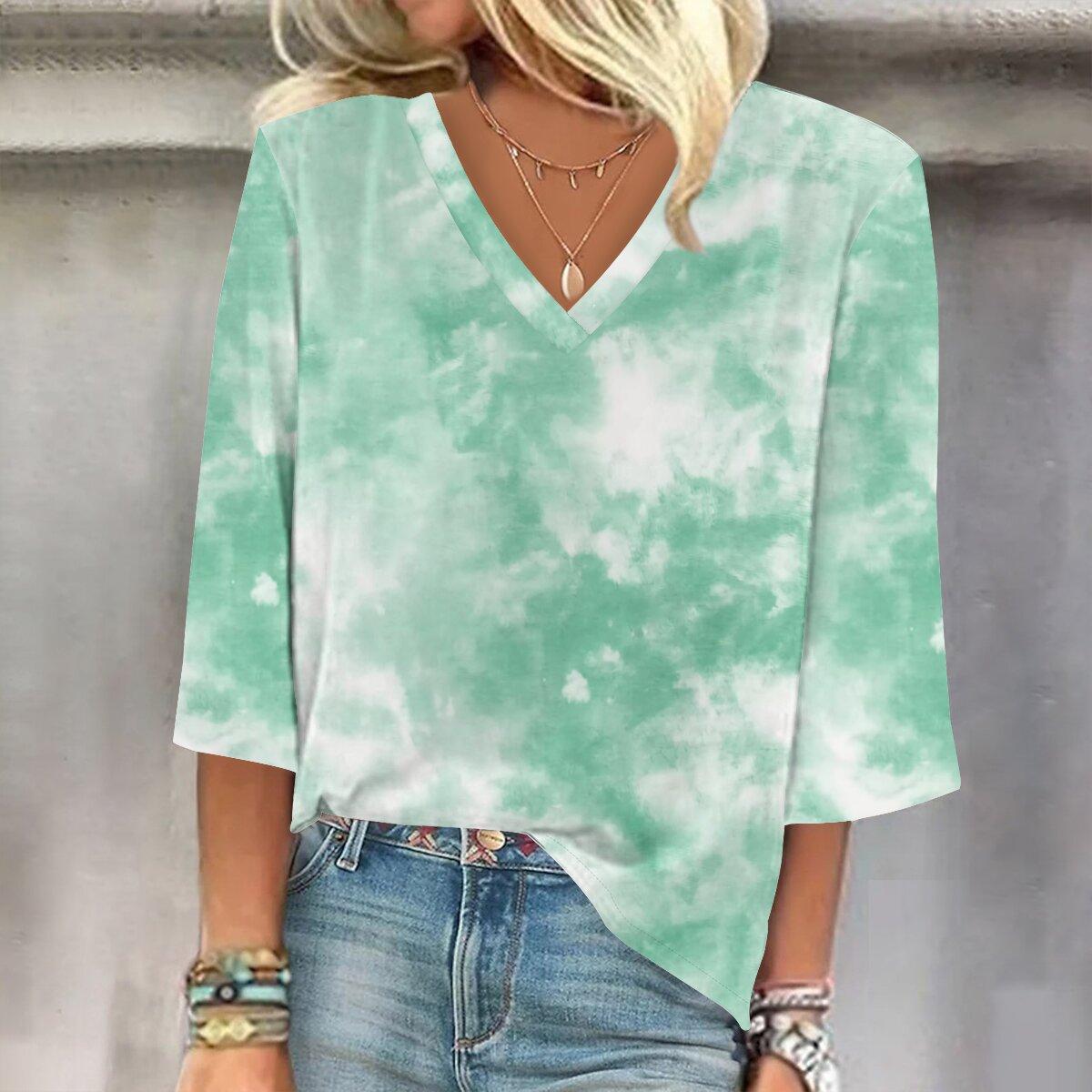 

2023 Sping и осень Новая мода Женский повседневный топ с V-образным вырезом с рукавом 3/4 с принтом